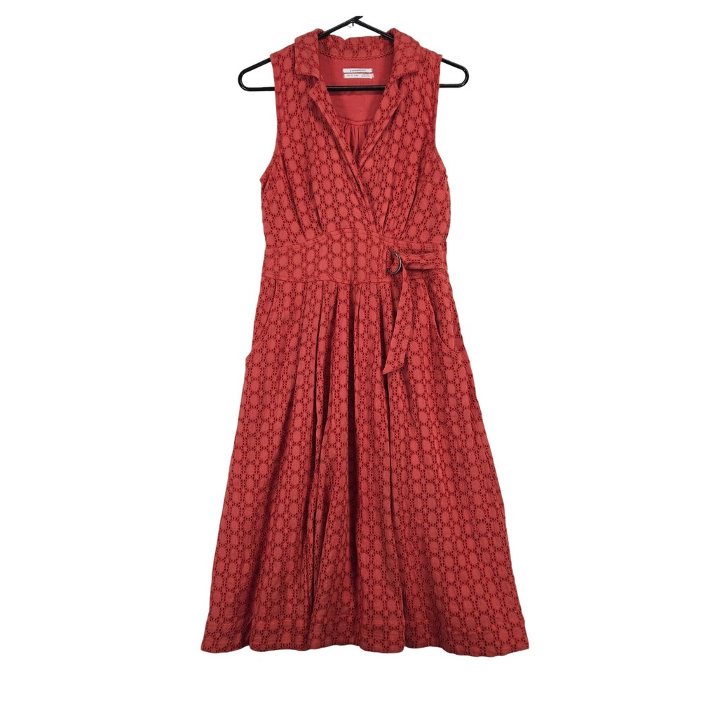 Anthropologie Womens Eyelet Midi Dress Size 4 Sleeveless Belted Boho Rust Orange